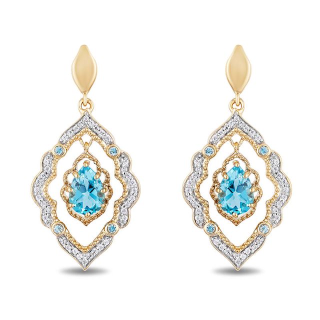 Enchanted Disney Aladdin Pear-Shaped Swiss Blue Topaz and 0.16 CT. T.W. Diamond Arabesque Frame Earrings in 10K Gold|Peoples Jewellers