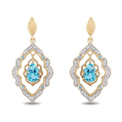 Enchanted Disney Aladdin Pear-Shaped Swiss Blue Topaz and 0.16 CT. T.W. Diamond Arabesque Frame Earrings in 10K Gold|Peoples Jewellers