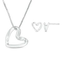 Diamond Accent Tilted Heart Outline Necklace and Stud Earrings Set in Sterling Silver|Peoples Jewellers