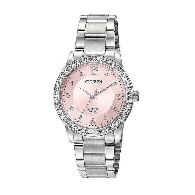 Ladies' Citizen Quartz Crystal Accent Watch with Pink Dial (Model: EL3090-81X)|Peoples Jewellers