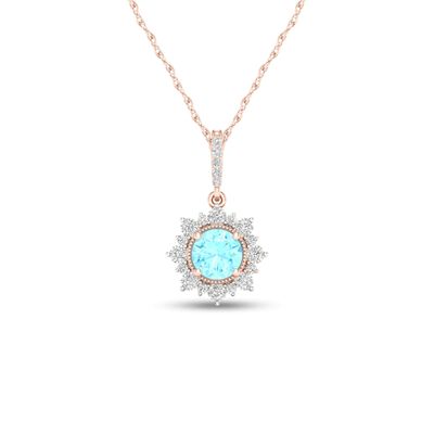 5.0mm Aquamarine and 0.08 CT. T.W. Diamond Sun Frame Vintage-Style Pendant in 10K Rose Gold|Peoples Jewellers