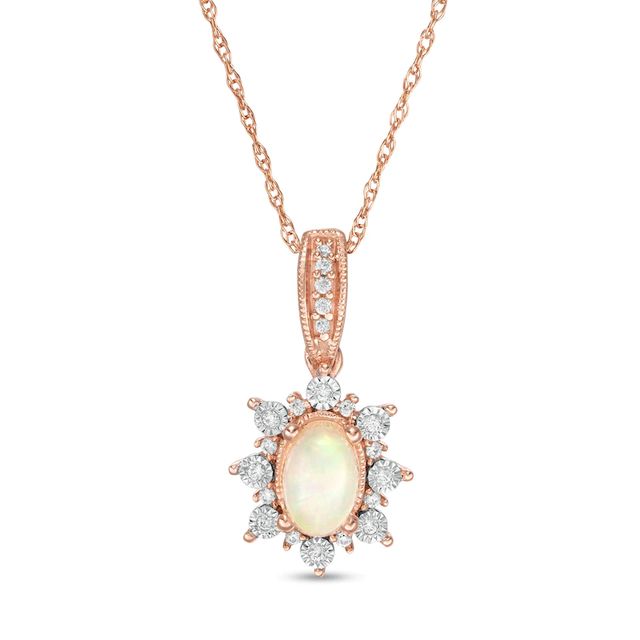 Oval Opal and 0.08 CT. T.W. Diamond Sun Frame Vintage-Style Pendant in 10K Rose Gold