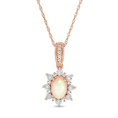 Oval Opal and 0.08 CT. T.W. Diamond Sun Frame Vintage-Style Pendant in 10K Rose Gold|Peoples Jewellers