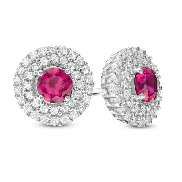 5.0mm Lab-Created Ruby and White Sapphire Double Frame Stud Earrings in Sterling Silver|Peoples Jewellers