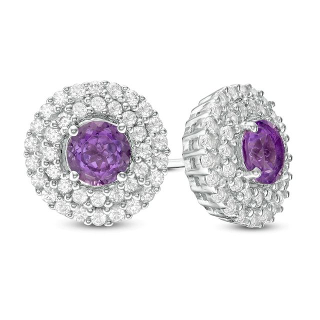 5.0mm Amethyst and Lab-Created White Sapphire Double Frame Stud Earrings in Sterling Silver