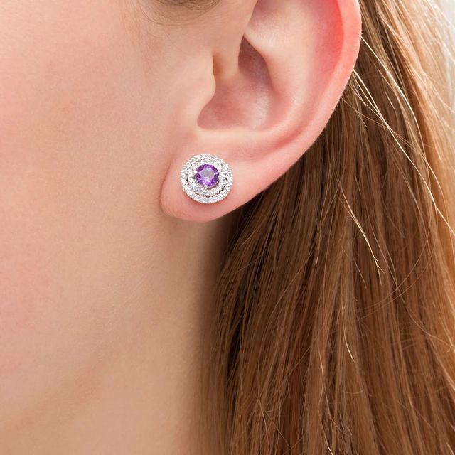 5.0mm Amethyst and Lab-Created White Sapphire Double Frame Stud Earrings in Sterling Silver|Peoples Jewellers