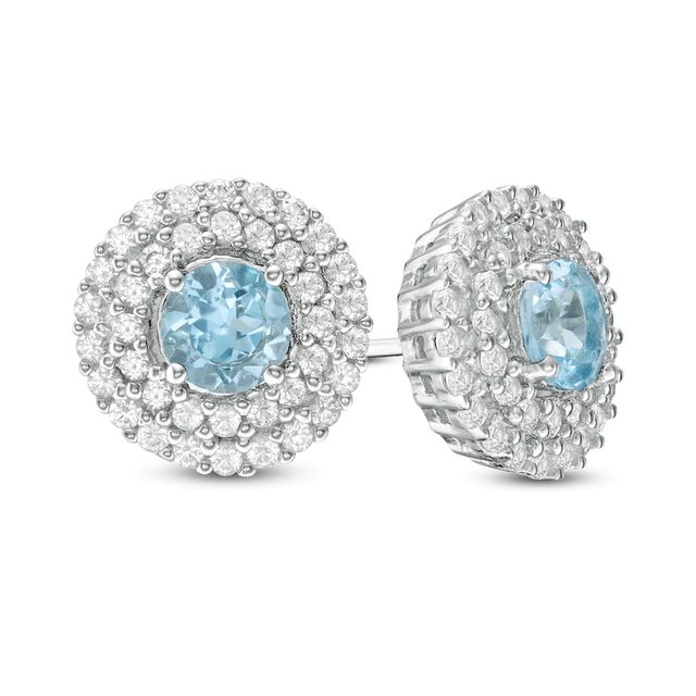 5.0mm Swiss Blue Topaz and Lab-Created White Sapphire Double Frame Stud Earrings in Sterling Silver