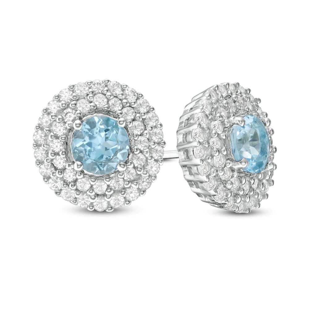 5.0mm Swiss Blue Topaz and Lab-Created White Sapphire Double Frame Stud Earrings in Sterling Silver|Peoples Jewellers