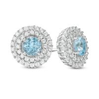 5.0mm Swiss Blue Topaz and Lab-Created White Sapphire Double Frame Stud Earrings in Sterling Silver|Peoples Jewellers