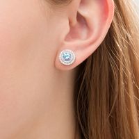 5.0mm Swiss Blue Topaz and Lab-Created White Sapphire Double Frame Stud Earrings in Sterling Silver|Peoples Jewellers