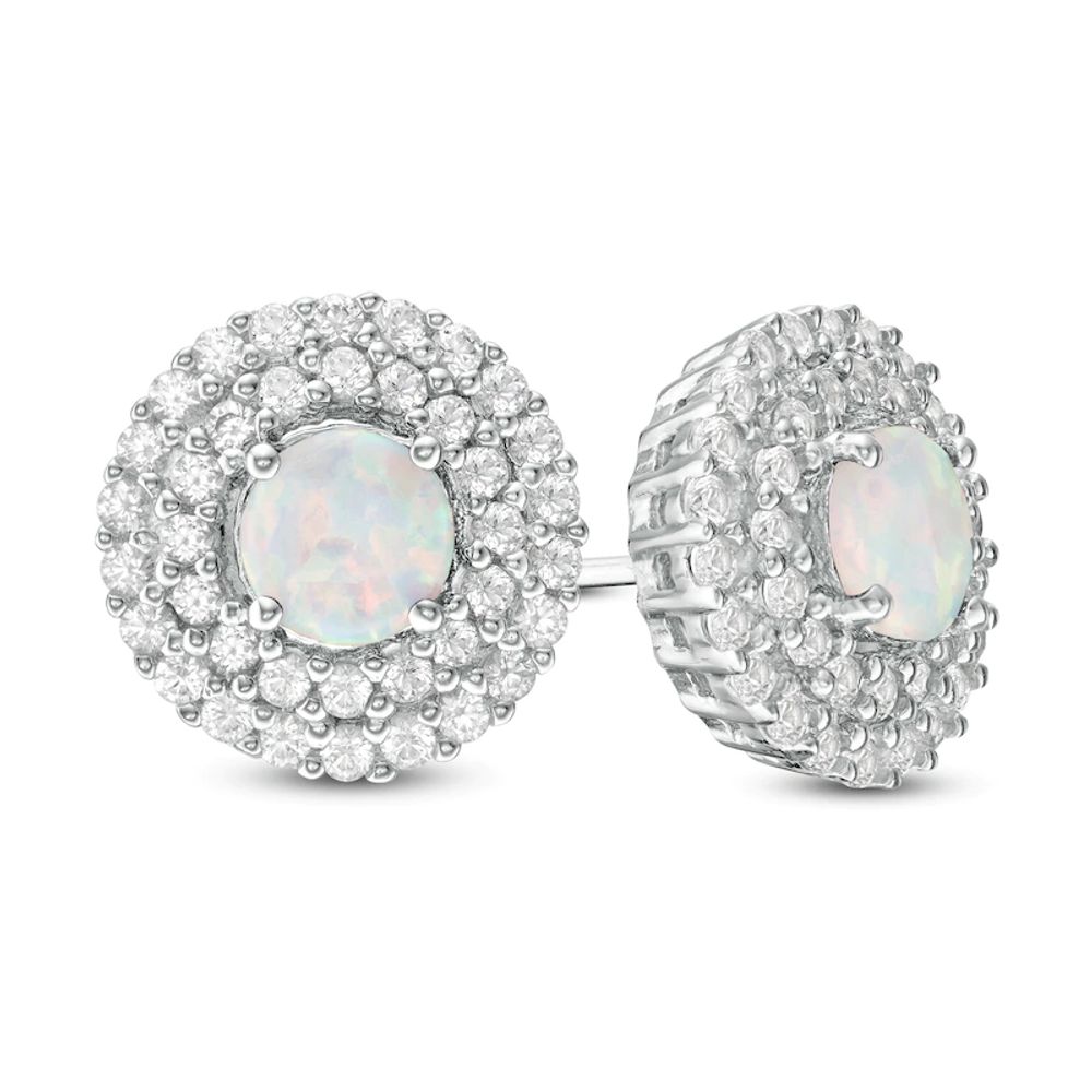 5.0mm Lab-Created Opal and White Sapphire Double Frame Stud Earrings in Sterling Silver|Peoples Jewellers