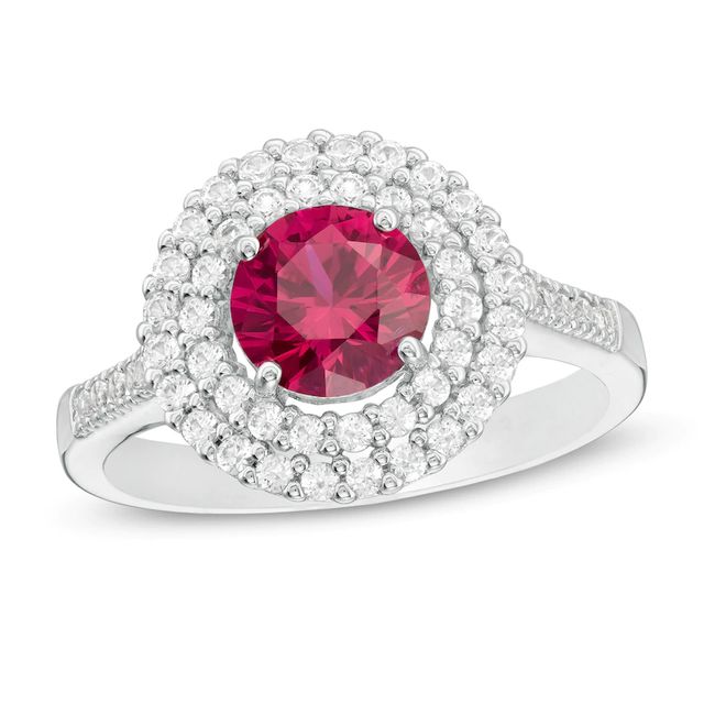 6.5mm Lab-Created Ruby and White Sapphire Double Frame Ring in Sterling Silver