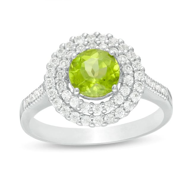 6.5mm Peridot and Lab-Created White Sapphire Double Frame Ring in Sterling Silver|Peoples Jewellers