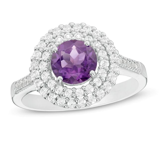 6.5mm Amethyst and Lab-Created White Sapphire Double Frame Ring in Sterling Silver|Peoples Jewellers