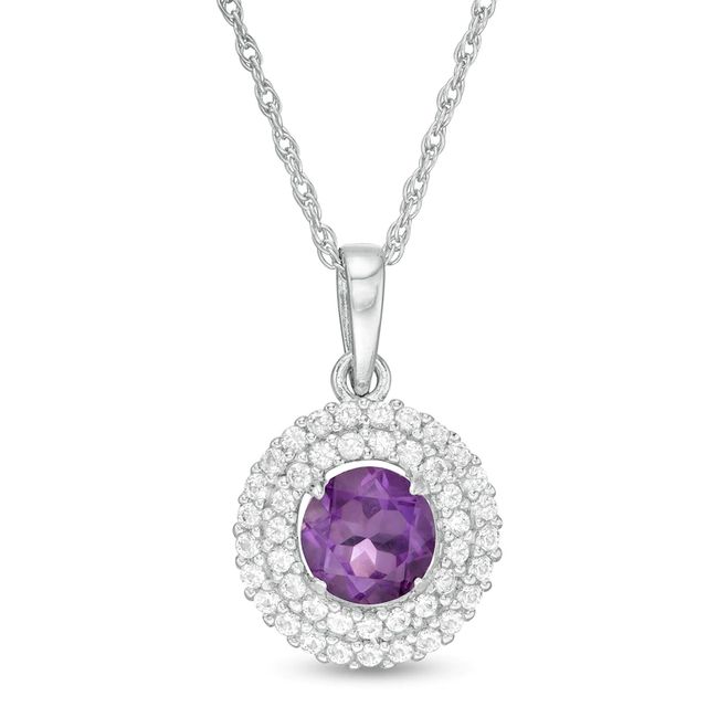 6.5mm Amethyst and Lab-Created White Sapphire Double Frame Pendant in Sterling Silver|Peoples Jewellers