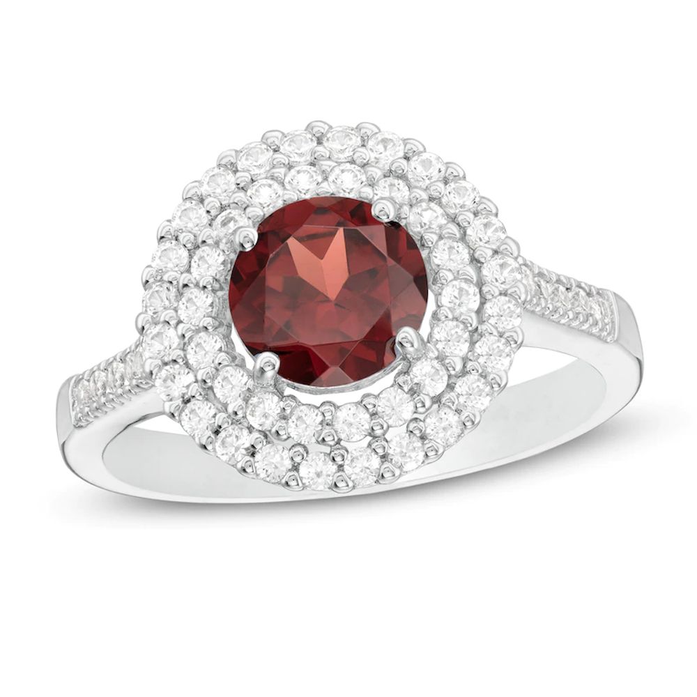 6.5mm Garnet and Lab-Created White Sapphire Double Frame Ring in Sterling Silver|Peoples Jewellers