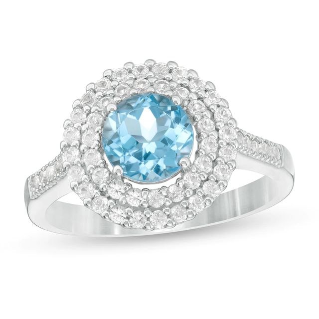 6.5mm Swiss Blue Topaz and Lab-Created White Sapphire Double Frame Ring in Sterling Silver