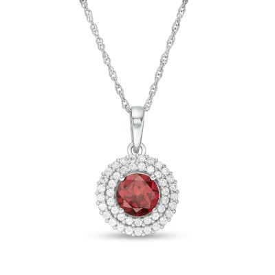 6.5mm Garnet and Lab-Created White Sapphire Double Frame Pendant in Sterling Silver|Peoples Jewellers