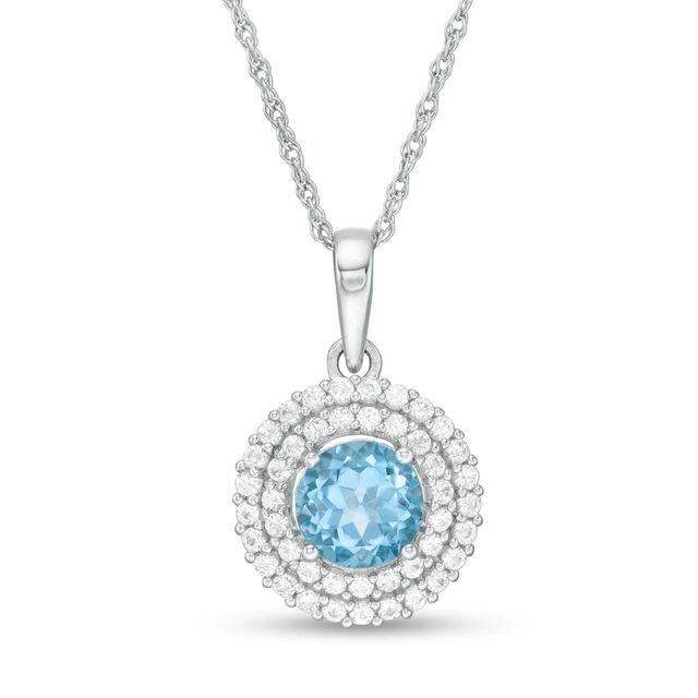 6.5mm Swiss Blue Topaz and Lab-Created White Sapphire Double Frame Pendant in Sterling Silver|Peoples Jewellers