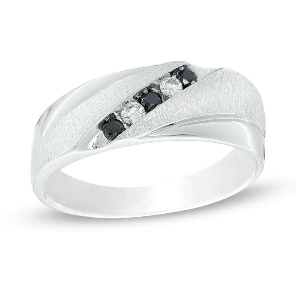 Men's 0.18 CT. T.W. Black and White Diamond Slant Five Stone Anniversary Band in Sterling Silver|Peoples Jewellers