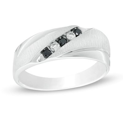 Men's 0.18 CT. T.W. Black and White Diamond Slant Five Stone Anniversary Band in Sterling Silver|Peoples Jewellers