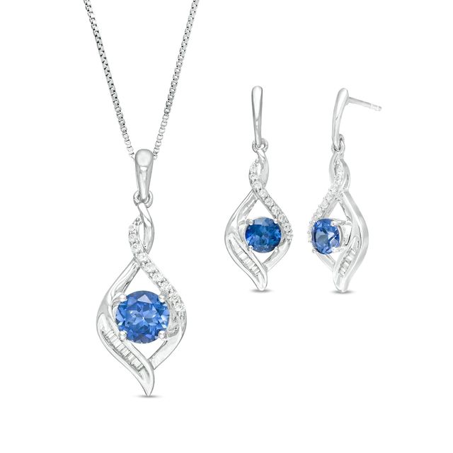 Lab-Created Ceylon Blue and White Sapphire Cascading Infinity Frame Pendant and Drop Earrings Set in Sterling Silver|Peoples Jewellers