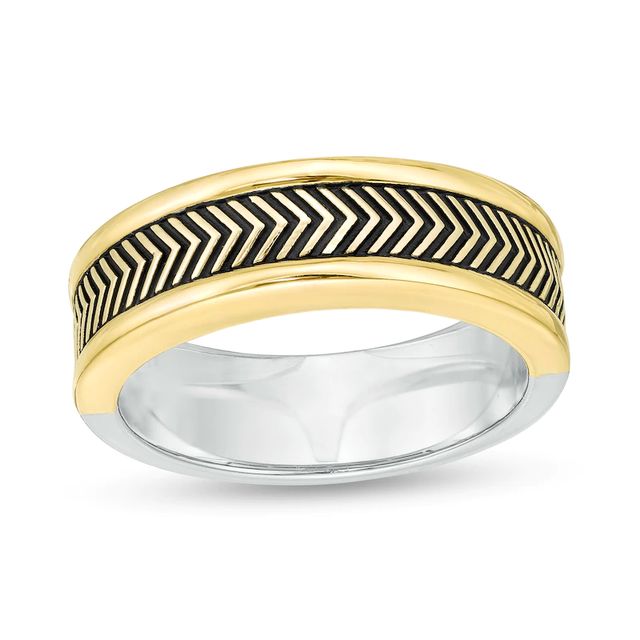 Vera Wang Men Antique-Finished Chevron Pattern Ring in Sterling Silver and 10K Gold|Peoples Jewellers
