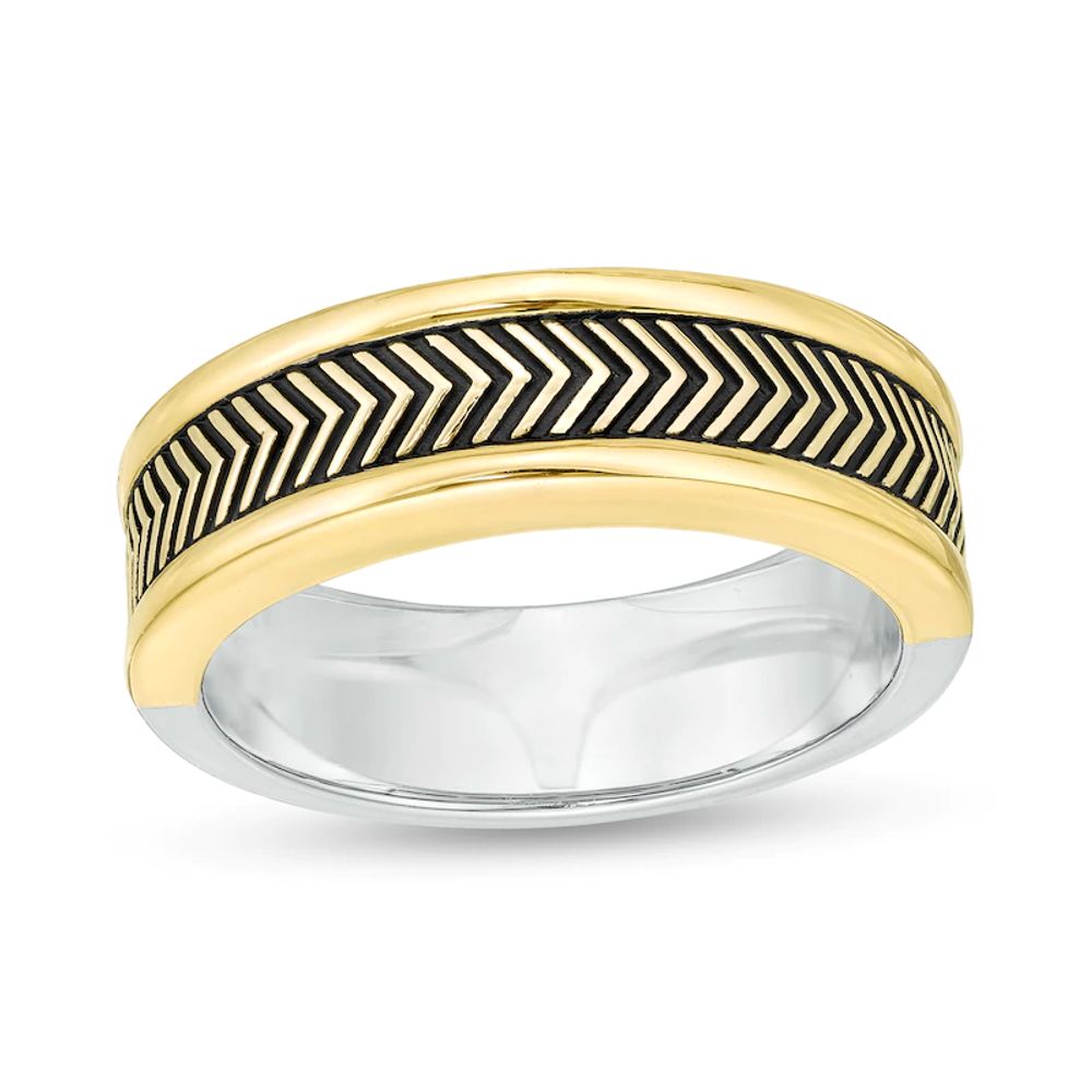 Vera Wang Men Antique-Finished Chevron Pattern Ring in Sterling Silver and 10K Gold|Peoples Jewellers