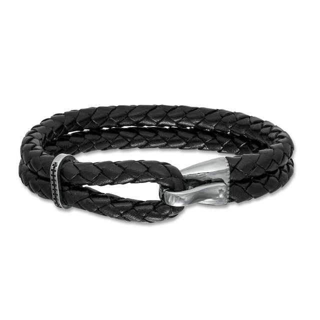 Vera Wang Men 0.11 CT. T.W. Black Diamond Braided Leather Bracelet in Sterling Silver with Black Rhodium - 8.5"|Peoples Jewellers