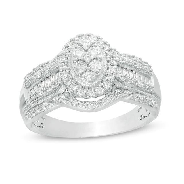 0.50 CT. T.W. Composite Diamond Oval Frame Multi-Row Vintage-Style Engagement Ring in 10K White Gold|Peoples Jewellers