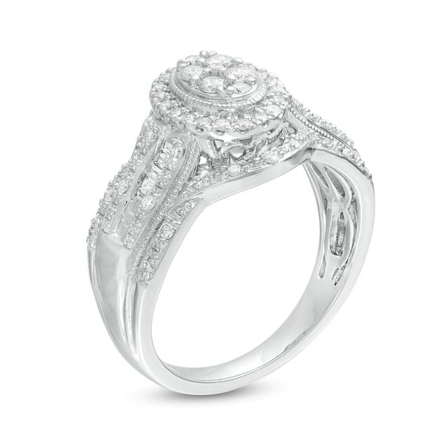 0.50 CT. T.W. Composite Diamond Oval Frame Multi-Row Vintage-Style Engagement Ring in 10K White Gold