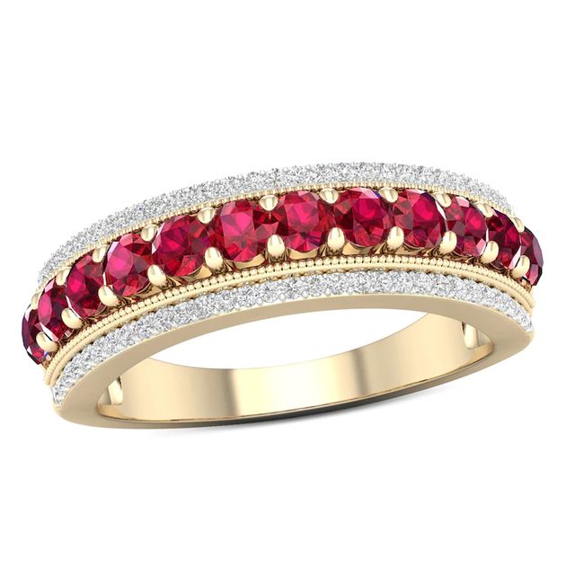 Ruby and 0.15 CT. T.W. Diamond Border Triple Row Vintage-Style Ring in 10K Gold