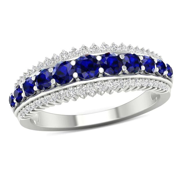Graduated Blue Sapphire and 0.25 CT. T.W. Diamond Sunburst Border Triple Row Ring in 10K White Gold|Peoples Jewellers
