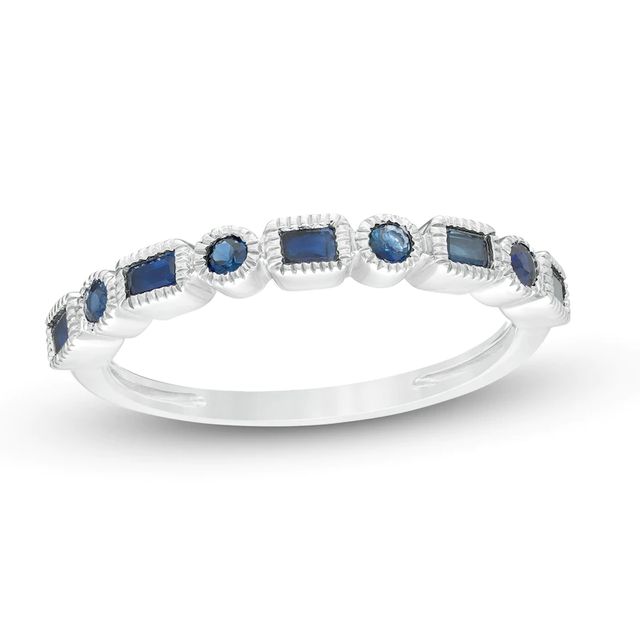 Sideways Emerald-Cut and Round Blue Sapphire Alternating Art Deco Stackable Ring in 10K White Gold