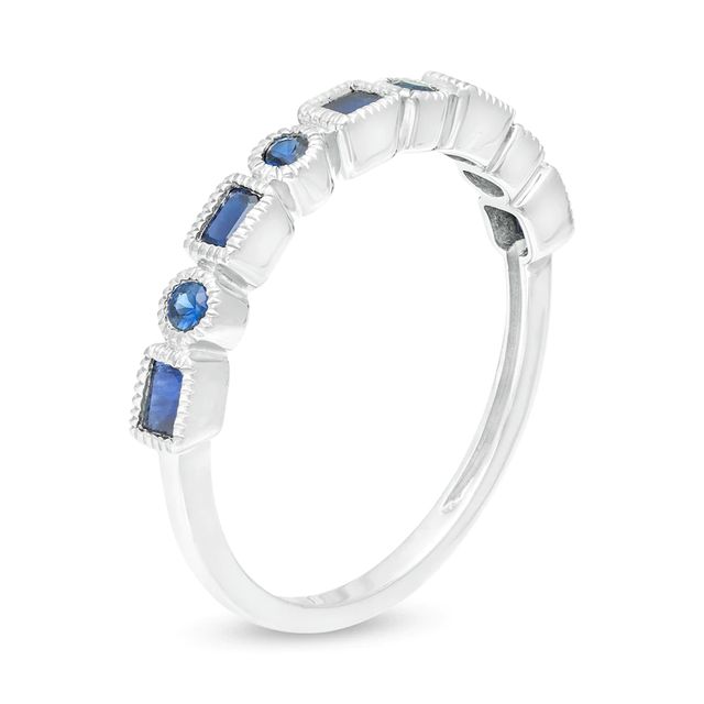 Sideways Emerald-Cut and Round Blue Sapphire Alternating Art Deco Stackable Ring in 10K White Gold|Peoples Jewellers