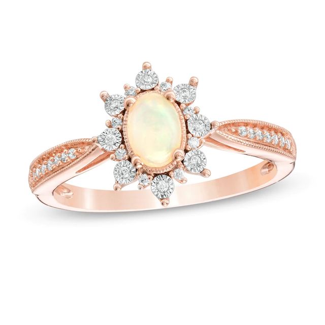 Oval Opal and 0.10 CT. T.W. Diamond Sunburst Frame Vintage-Style Tapered Shank Ring in 10K Rose Gold|Peoples Jewellers