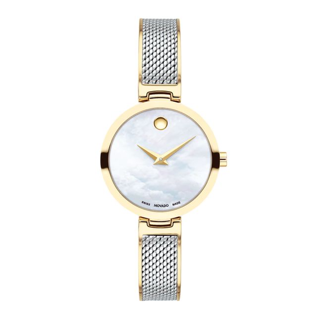 Ladies' Movado Amika Two-Tone Mesh Bangle Watch with White Mother-of Pearl Dial (Model: 0607362)