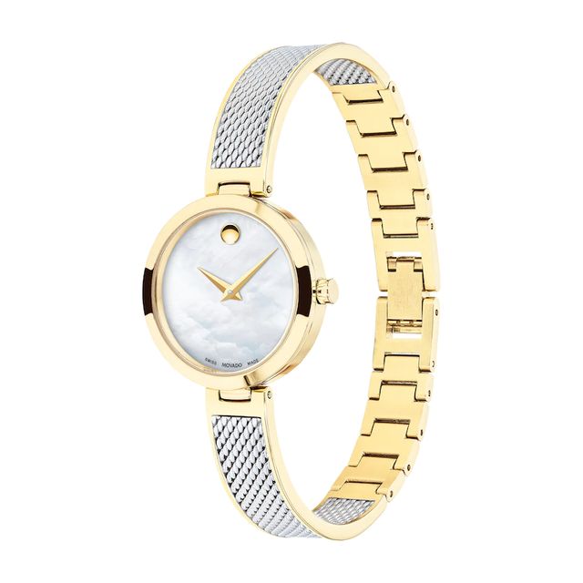 Ladies' Movado Amika Two-Tone Mesh Bangle Watch with White Mother-of Pearl Dial (Model: 0607362)|Peoples Jewellers