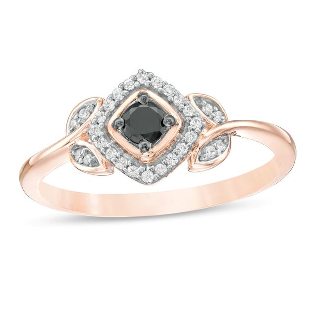 0.20 CT. T.W. Enhanced Black and White Diamond Tilted Cushion Frame Leaf-Sides Ring in 10K Rose Gold