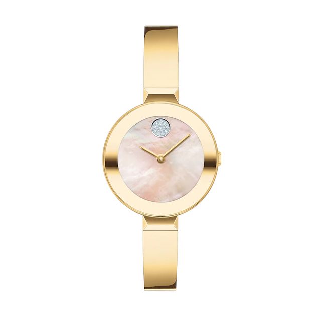 Ladies' Movado Bold®Crystal Gold-Tone Bangle Watch with Transparent Mother-of Pearl Dial (Model: 3600627)|Peoples Jewellers