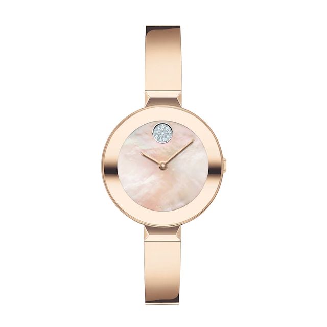 Ladies' Movado Bold®Crystal Rose-Tone Bangle Watch with Transparent Mother-of Pearl Dial (Model: 3600628)|Peoples Jewellers