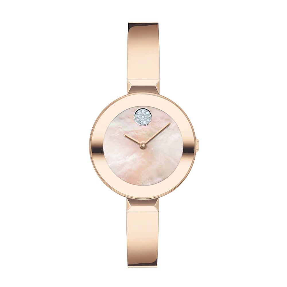 Ladies' Movado Bold®Crystal Rose-Tone Bangle Watch with Transparent Mother-of Pearl Dial (Model: 3600628)|Peoples Jewellers