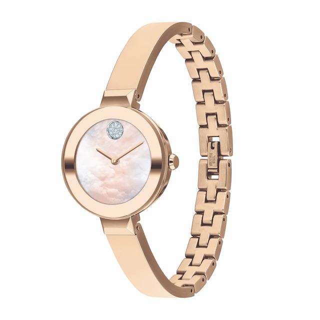 Ladies' Movado Bold®Crystal Rose-Tone Bangle Watch with Transparent Mother-of Pearl Dial (Model: 3600628)|Peoples Jewellers