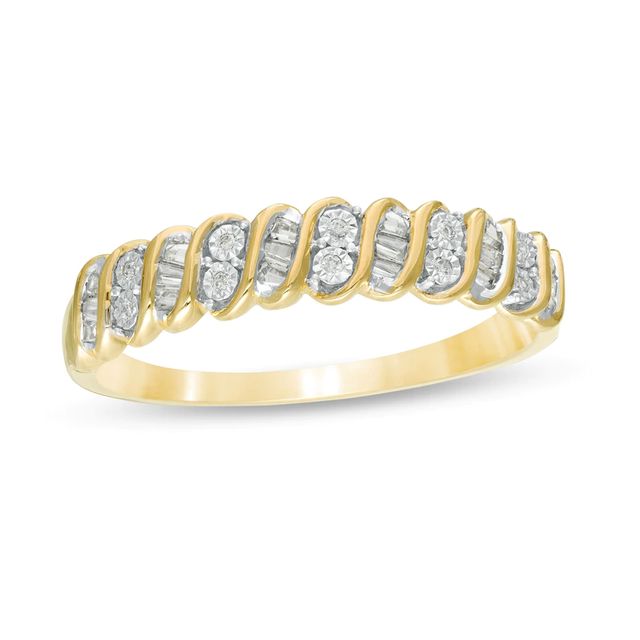 0.12 CT. T.W. Baguette and Round Diamond Stackable Spiral Anniversary Band in 10K Gold|Peoples Jewellers