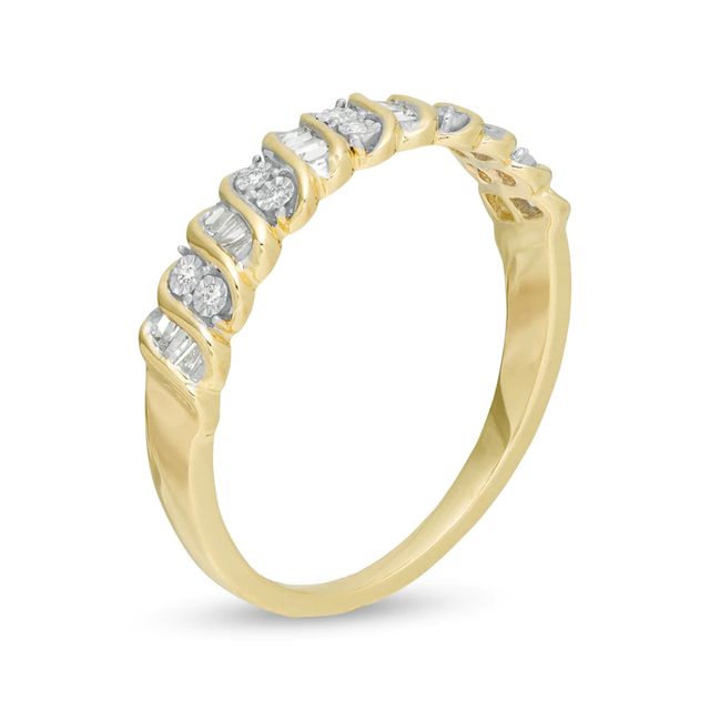 0.12 CT. T.W. Baguette and Round Diamond Stackable Spiral Anniversary Band in 10K Gold|Peoples Jewellers