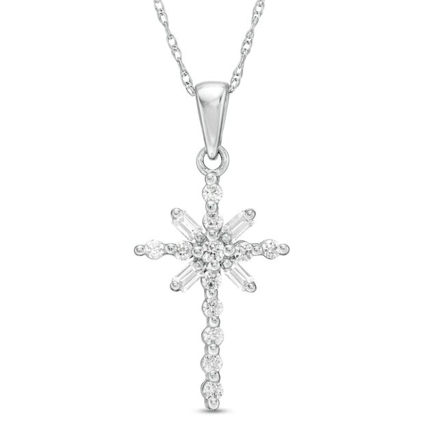 0.23 CT. T.W. Baguette and Round Diamond Cross Pendant in 10K White Gold|Peoples Jewellers