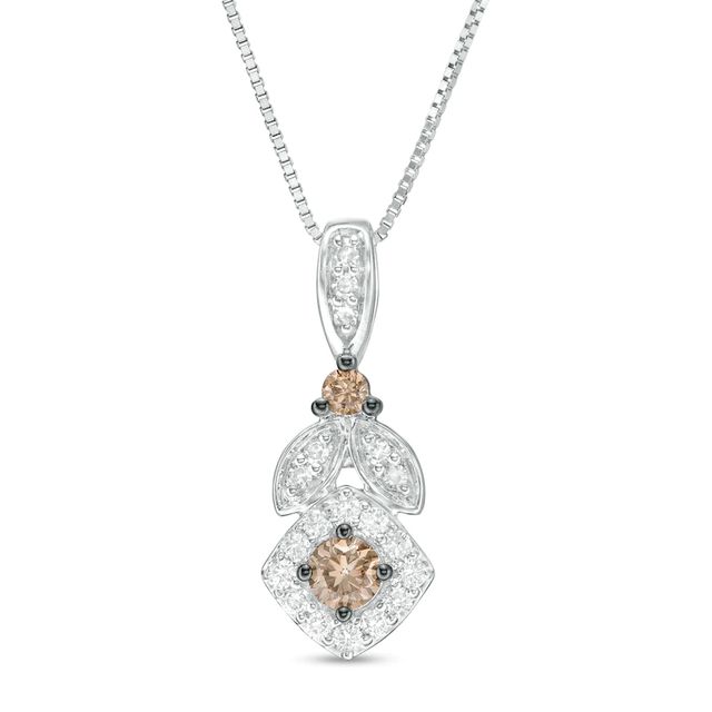 0.32 CT. T.W. Champagne and White Diamond Tilted Cushion Frame Pendant in 10K White Gold|Peoples Jewellers