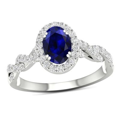 Oval Blue Sapphire and 0.33 CT. T.W. Diamond Frame Twist Shank Ring in 10K White Gold|Peoples Jewellers