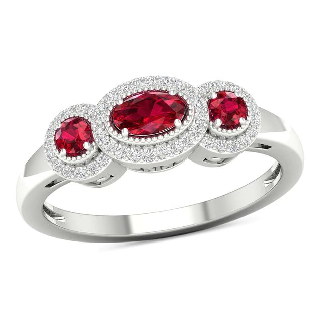 Ruby and 0.12 CT. T.W. Diamond Frame Vintage-Style Ring in 10K White Gold|Peoples Jewellers