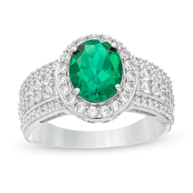 Oval Lab-Created Emerald and White Sapphire Frame Multi-Row Ring in Sterling Silver|Peoples Jewellers